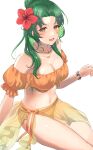  1girl bangs bikini breasts brown_eyes elincia_ridell_crimea fire_emblem fire_emblem:_path_of_radiance fire_emblem_heroes flower green_hair hair_ornament highres jewelry long_hair looking_at_viewer off-shoulder_bikini off_shoulder open_mouth smile solo swimsuit tyotto_ko_i yellow_eyes 