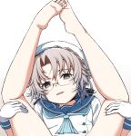  1girl barefoot blue_neckerchief blue_sailor_collar brown_eyes glasses gloves gradient gradient_background grey_hair hat hirato_(kancolle) kantai_collection legs_up long_sleeves looking_at_viewer moti_coi neckerchief out-of-frame_censoring sailor_collar sailor_hat school_uniform serafuku short_hair sitting solo spread_legs upper_body wavy_hair white_background white_gloves white_headwear 