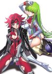  2girls absurdres ass back bangs blue_eyes blush bodysuit boots breasts c.c. cleavage code_geass_hangyaku_no_lelouch_r2 gloves green_hair headband headwear_removed helmet helmet_removed high_heels highres kallen_stadtfeld kneeling kujuu_shikuro leotard long_hair looking_at_viewer multiple_girls open_mouth red_hair sitting sweatdrop thigh_boots thighhighs torn_bodysuit torn_clothes torn_legwear wariza white_gloves white_legwear yellow_eyes 