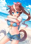  1girl :d animal_ears bangs beach bikini blue_bikini blue_eyes blue_sky blurry blurry_background blush bow bracelet breasts brown_hair cleavage cloud commentary_request cowboy_shot cutoffs day denim denim_shorts dutch_angle ear_ribbon front-tie_bikini front-tie_top groin hair_between_eyes hair_bow hair_flaps high_ponytail highres horse_ears horse_girl horse_tail iro_178 jewelry lens_flare long_hair looking_at_viewer medium_breasts midriff multicolored_hair navel ocean open_fly open_mouth outdoors pink_bow ponytail shadow shirt short_shorts short_sleeves shorts sidelocks sky small_breasts smile solo standing streaked_hair striped striped_bikini swept_bangs swimsuit tail tokai_teio_(umamusume) twitter_username two-tone_hair umamusume undressing white_hair 