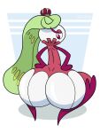  big_butt butt drawsputin green_hair hair hi_res huge_butt looking_back nintendo pok&eacute;mon pok&eacute;mon_(species) red_eyes simple_background solo tsareena video_games 