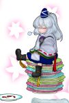  1girl absurdres bangs black_footwear blue_headwear blue_skirt blush closed_eyes detached_sleeves food food_on_face full_body grey_hair hat highres japanese_clothes kariginu long_hair long_sleeves miazuma_sarin mononobe_no_futo neck_ribbon open_mouth plate pom_pom_(clothes) ponytail purple_ribbon ribbon ribbon-trimmed_sleeves ribbon_trim rice rice_on_face sitting skirt solo tate_eboshi third-party_source touhou wide_sleeves 