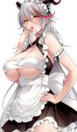  1girl aegir_(azur_lane) aegir_(iron_blood&#039;s_dragon_maid)_(azur_lane) apron azur_lane bangs bare_shoulders black_dress breasts cleavage collarbone commentary_request cowboy_shot demon_horns dress english_commentary frilled_apron frilled_dress frilled_hairband frills garter_straps hair_between_eyes hairband hand_on_hip hand_up highres horns large_breasts licking licking_finger long_hair looking_at_viewer maid maid_headdress mixed-language_commentary multicolored_hair official_alternate_costume open_mouth red_hair sidelocks simple_background sleeveless sleeveless_dress solo standing strapless streaked_hair swept_bangs tongue tongue_out tube_top two-tone_hair underboob very_long_hair white_apron white_background white_hair white_tube_top yellow_eyes yukinimaru 