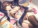  1girl bed_sheet between_breasts black_bra black_legwear black_panties bra breasts brown_hair cleavage clothes_lift commentary_request condom condom_wrapper garter_straps gomashio_ponz green_eyes hair_ornament hairclip id_card lace_trim lanyard large_breasts long_hair looking_at_viewer lotion_bottle lying magazine_(object) navel office_lady on_back open_clothes open_mouth original panties skirt skirt_lift solo stomach thighhighs underboob underwear 