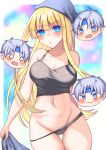  1boy 1girl absurdres black_panties blonde_hair blue_eyes blush breasts chibi chibi_inset cleavage closed_mouth collarbone crop_top highres large_breasts looking_at_viewer navel panties puyopuyo schezo_wegey uissu underwear undressing witch_(puyopuyo) 