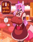  alcohol anthro beer beer_mug beverage big_breasts blue_nose bow_tie breasts canid canine clothed clothing collar crackiepipe denisse digital_media_(artwork) english_text female food fox fur furniture hair hi_res huge_breasts long_hair looking_at_viewer mammal note_pad pink_body pink_hair sign smile solo speech_bubble standing stool text text_on_sign topwear 
