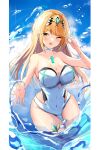  1girl absurdres adapted_costume bangs blonde_hair breasts chest_jewel headpiece highres karuushi large_breasts long_hair mythra_(radiant_beach)_(xenoblade) mythra_(xenoblade) ocean one-piece_swimsuit solo swept_bangs swimsuit tiara very_long_hair water white_swimsuit xenoblade_chronicles_(series) xenoblade_chronicles_2 yellow_eyes 