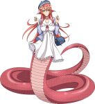  1girl artist_request bag bangs blue_headwear blue_jacket breasts dress eyebrows_visible_through_hair full_body game_cg hair_between_eyes hair_ornament hairclip handbag jacket lamia large_breasts long_hair looking_at_viewer miia_(monster_musume) monster_girl monster_musume_no_iru_nichijou monster_musume_no_iru_nichijou_online official_alternate_costume official_art pointy_ears red_hair scales slit_pupils smile solo transparent_background white_dress yellow_eyes 