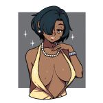 1girl akairiot black_hair bracelet breasts center_opening cleavage covered_nipples dark_skin dress earrings hair_over_one_eye highres jewelry large_breasts looking_at_viewer mole mole_on_breast necklace original paz_ruiz_(akairiot) pearl_necklace plunging_neckline red_eyes short_hair smile sparkle upper_body 