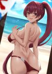  1girl absurdres ass back bare_shoulders beach bikini bikini_pull breasts butt_crack clothes_pull cowboy_shot dithering earrings from_behind heterochromia highres hololive houshou_marine huge_ass jewelry kuutamo large_breasts long_hair looking_at_viewer looking_back ocean open_mouth photo_(object) ponytail red_bikini red_eyes red_hair shoulder_blades sideboob sky smile strap_gap strap_pull swimsuit very_long_hair yellow_eyes 