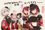  5girls afterglow_(bang_dream!) aoba_moca bang_dream! black_hair blush bob_cut bottle brown_hair closed_eyes cowboy_shot electric_fan green_eyes grey_hair group_name hat hazawa_tsugumi highres long_hair low_twintails matching_outfit midriff mitake_ran multiple_girls pink_hair red_hair short_hair steam sweat twintails udagawa_tomoe uehara_himari water_bottle zawameki 