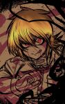  1girl angry bangs blonde_hair blood blood_on_face clenched_teeth gloves hair_between_eyes hellsing highres jacket miazuma_sarin red_eyes seras_victoria sharp_teeth short_hair solo spot_color teeth third-party_source uneven_eyes upper_body v-shaped_eyebrows vampire 