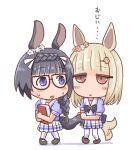  2girls animal_ears black_hair blonde_hair blue_eyes bob_cut bow bowtie braid brown_footwear chibi crown_braid ear_ornament frilled_skirt frills glasses hair_ornament hairclip happy_meek_(umamusume) horse_ears horse_girl horse_tail horseshoe_ornament loafers long_hair medium_hair miniskirt multiple_girls pleated_skirt puffy_short_sleeves puffy_sleeves red_eyes sailor_collar sailor_shirt sakazaki_freddy school_uniform shiny shiny_hair shirt shoes short_sleeves single_braid skirt summer_uniform sweatdrop tail tail_wagging tareme thighhighs tracen_school_uniform umamusume white_legwear zenno_rob_roy_(umamusume) 