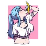 1girl akairiot banana blue_eyes blue_hair blue_nails blush border breasts choker cleavage collarbone crop_top cropped_torso ear_piercing eating english_commentary eyebrows_visible_through_hair fellatio fishnet_sleeves fishnet_top fishnets food fruit half-closed_eyes highres holding holding_food holding_fruit iru_may_(akairiot) long_hair medium_breasts navel oral original piercing pink_background ponytail sexually_suggestive shirt short_sleeves sidelocks simple_background simulated_fellatio solo sweat upper_body white_border white_shirt 