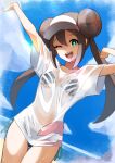  1girl ;d absurdres arms_up bangs beach bikini bikini_under_clothes blue_sky breasts brown_hair cloud double_bun dutch_angle green_eyes hair_bun highres long_hair looking_at_viewer ocean one_eye_closed open_mouth poke_ball_print pokemon pokemon_(game) pokemon_bw2 pyonsan rosa_(pokemon) see-through see-through_shirt shirt side-tie_bikini sidelocks sky small_breasts smile solo stretch swimsuit t-shirt teeth thigh_gap thighs twintails upper_teeth visor_cap wet wet_clothes wet_shirt white_shirt 