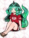  1girl absurdres collared_shirt commentary_request curly_hair flat_chest full_body geta green_eyes green_hair grey_horns highres horns kariyushi_shirt komano_aunn long_hair looking_at_viewer miazuma_sarin parted_lips red_shirt shirt short_sleeves shorts single_horn sitting smile solo tail touhou white_shorts 