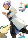  1boy beanie book boots closed_mouth commentary_request cyndaquil dark-skinned_male dark_skin facial_hair grey_eyes hat holding holding_book kyoro_tine labcoat laventon_(pokemon) logo male_focus oshawott pants pokemon pokemon_(creature) pokemon_(game) pokemon_legends:_arceus purple_headwear rowlet smile standing starter_pokemon_trio white_background 