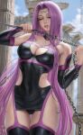  1girl bare_shoulders black_legwear breasts chain cleavage cleavage_cutout closed_eyes clothing_cutout commentary dagger english_commentary facial_mark fate/grand_order fate/stay_night fate_(series) forehead_mark hip_vent holding holding_weapon knife large_breasts long_hair looking_at_viewer medusa_(fate) medusa_(rider)_(fate) medusa_(rider)_(third_ascension)_(fate) nameless_dagger_(fate) purple_hair sciamano240 skindentation tattoo teeth thigh_gap thighhighs very_long_hair weapon 