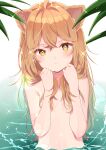  1girl :i ahoge animal_ears bangs blush breasts brown_hair covering covering_breasts crossed_bangs hair_over_breasts hanamori_suzu_(hkgbkk8) highres indie_virtual_youtuber lion_ears lion_girl long_hair looking_at_viewer nude pout rurudo_lion simple_background small_breasts solo virtual_youtuber wading water wet white_background yellow_eyes 