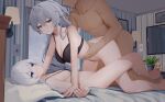  1boy 2girls all_fours bed_sheet bent_over blue_eyes breasts bronya_zaychik captain_(honkai_impact) clothed_female_nude_male clothed_sex doggystyle grey_eyes grey_hair hetero honkai_(series) honkai_impact_3rd indoors kiana_kaslana large_breasts long_hair looking_at_viewer lying multiple_girls nude on_back pillow sex sex_from_behind small_breasts spread_legs torso_grab wood_cube 