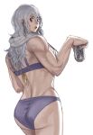  1girl :d absurdres ass beer_can bra can cowboy_shot cross cross_earrings dorohedoro ear_piercing earrings eyelashes from_behind grey_hair hair_between_eyes hand_up highres inverted_cross jewelry ki_(mxxxx) long_hair looking_at_viewer looking_back muscular muscular_female noi_(dorohedoro) panties piercing purple_bra purple_panties red_eyes simple_background skull_print smile solo strap_gap towel towel_around_neck underwear underwear_only wet wet_hair white_background 