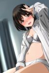  1girl absurdres arm_up bangs bedroom bikini black_hair blurry blurry_background blush bob_cut bra breasts brown_eyes collared_shirt commentary_request depth_of_field grey_bra grey_panties hand_up highres long_sleeves looking_at_viewer matsunaga_kouyou navel open_mouth original panties polka_dot polka_dot_bikini polka_dot_bra shirt short_hair sitting small_breasts smile solo swimsuit underwear white_shirt 
