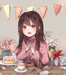  1girl :d bangs blush box brown_eyes brown_hair cake cake_slice candy commentary cup dated english_commentary flower food fork fruit gift gift_box grey_background hands_up kobutanori lollipop long_hair long_sleeves original pennant pink_skirt puffy_long_sleeves puffy_sleeves saucer signature simple_background skirt smile solo spork steepled_fingers strawberry string_of_flags swirl_lollipop table vase white_flower 