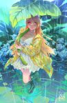  1girl blonde_hair boots dress fairy frilled_dress frills hair_ribbon highres leaf_umbrella long_hair looking_at_viewer nijisanji nijisanji_en novaque pointy_ears pomu_rainpuff pomudachi_(pomu_rainpuff) rain raincoat red_eyes ribbon rubber_boots signature solo transparent_raincoat virtual_youtuber yellow_raincoat 