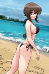  1girl artist_name ass bangs bare_arms beach bikini black_bikini black_ribbon breasts brown_eyes brown_hair closed_mouth day from_side girls_und_panzer hair_between_eyes halterneck large_breasts looking_at_viewer looking_back matsui_yasutsugu nishizumi_maho ocean outdoors ribbon shiny shiny_hair short_hair side-tie_bikini sideboob smile solo standing summer swimsuit 