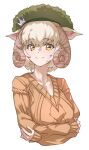  1girl absurdres animal_ears arms_under_breasts bangs beret blonde_hair brown_sweater commentary cropped_torso curled_horns green_headwear hair_between_eyes hat highres horizontal_pupils horns kemono_friends long_sleeves looking_at_viewer orange_eyes sheep_(kemono_friends) sheep_ears sheep_horns short_hair simple_background smile solo split_mouth sweater tanabe_(fueisei) upper_body white_background 