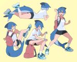  1girl applying_bandages azuumori backpack bag bandaged_foot bandages bangs black_shorts blue_footwear blue_hair bob_cut breasts clenched_hand closed_mouth collarbone commentary english_commentary feet_up fish_tail from_behind full_body furrowed_brow grin hair_between_eyes hand_up highres invisible_chair looking_at_viewer looking_down lying medium_breasts medium_hair multicolored_hair multiple_views on_stomach open_mouth original pink_bag red_eyes shark_girl_(azuumori) shark_tail sharp_teeth shirt shoes short_sleeves shorts simple_background sitting smile sneakers socks standing tail teeth thick_eyebrows upper_teeth white_legwear white_shirt yellow_background 