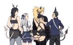 1boy 3girls antlers arm_at_side arms_at_sides ass backless_outfit belt_pouch black_gloves black_hair black_pants black_skirt blue_jacket blue_pants blue_skirt clothes_writing collared_shirt cowboy_shot crotchless crotchless_pants demon_boy demon_girl demon_horns demon_tail dorohedoro earrings gloves grey_hair half_updo hand_on_another&#039;s_back hand_on_hip haru_(dorohedoro) highres horns jacket jewelry kawajiri ki_(mxxxx) lineup lock long_hair long_sleeves looking_at_another looking_to_the_side low_ponytail mask midriff miniskirt motion_lines multiple_girls nikaidou_(dorohedoro) noi_(dorohedoro) open_mouth padlock pants pants_under_skirt pleated_skirt ponytail pouch profile red_eyes revealing_clothes shirt short_sleeves shorts shorts_under_skirt simple_background single_horn skirt tail tail_through_clothes track_suit white_background white_shirt 