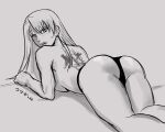  1girl alternate_hairstyle ass back_tattoo bangs blush conejologia earrings fullmetal_alchemist hair_down jewelry long_hair lying monochrome no_bra on_stomach panties riza_hawkeye simple_background solo tattoo thighs translation_request underwear 