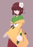  1girl brown_background floral_print flower green_kimono hair_flower hair_ornament hakama hakama_skirt hieda_no_akyuu highres japanese_clothes kakone kimono looking_at_viewer one-hour_drawing_challenge open_mouth purple_eyes purple_hair red_skirt short_hair simple_background skirt solo standing touhou wide_sleeves 