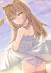  1girl animal_ears ass bangs bare_arms bare_shoulders blush brown_hair butt_crack clothes_lift cowboy_shot crossed_bangs dress dress_lift expressionless frilled_dress frills from_behind highres ina_(inadahime) indie_virtual_youtuber lifted_by_self lion_ears lion_tail long_hair looking_at_viewer looking_back panties partially_submerged rurudo_lion see-through see-through_dress see-through_panties sidelocks solo sunlight tail underwear wet wet_clothes yellow_eyes 