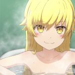  1girl bangs bath bathing blonde_hair blush_stickers camui1104 closed_mouth collarbone commentary_request fang hair_between_eyes highres long_hair looking_at_viewer monogatari_(series) nisemonogatari nude oshino_shinobu partially_submerged skin_fang smile solo steam upper_body wet wet_hair yellow_eyes 