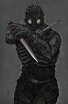  1boy absurdres armor aura belt caiman_(dorohedoro) covered_face cowboy_shot dorohedoro dual_wielding facing_viewer fighting_stance gas_mask gloves grey_background grey_theme highres holding holding_weapon knife male_focus mask outstretched_arms pants reaching_out reverse_grip ribs shirt simple_background sleeveless snap-fit_buckle solo spikes tight tight_shirt tumubar117 weapon 