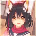  1girl 3d :d animal_ear_fluff animal_ears asymmetrical_gloves bangs black_gloves black_hair black_skirt blue_archive blush breasts brown_eyes commentary_request elbow_gloves ellenlaire fang fox_ears fox_girl fox_tail gloves hair_between_eyes halo happy izuna_(blue_archive) koikatsu_(medium) long_sleeves looking_at_viewer mask mask_on_head medium_breasts partially_fingerless_gloves shirt single_thighhigh skirt sleeveless sleeveless_shirt smile solo tail thighhighs weapon white_background white_shirt wide_sleeves 