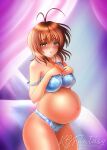  1girl antenna_hair bangs bare_shoulders big_belly blush breasts brown_hair clannad cleavage commentary furukawa_nagisa hair_between_eyes hands_on_own_breasts happy highres k.g.fantasy large_breasts looking_at_viewer open_mouth orange_eyes pregnant short_hair shy solo standing thick_thighs thighs underwear yellow_eyes 