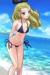  1girl :d arms_behind_back artist_name assam_(girls_und_panzer) bare_arms bare_legs beach bikini black_bikini black_bow blonde_hair blue_eyes blue_sky bow breasts cleavage cloud collarbone day floating_hair girls_und_panzer hair_bow halterneck leaning_forward long_hair matsui_yasutsugu navel ocean open_mouth outdoors side-tie_bikini sideboob sky small_breasts smile solo standing swimsuit walking 
