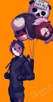  1girl backpack bag balloon bangs black_gloves cameo character_name cowboy_shot dated dorohedoro ebisu_(dorohedoro) english_text expressionless fujita_(dorohedoro) gloves highres ki_(mxxxx) kikurage_(dorohedoro) long_sleeves looking_to_the_side looking_up orange_background pants scythe shirt short_hair simple_background solo torn_clothes torn_shirt weapon 