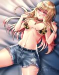  1girl bangs blonde_hair blush bra bracelet breasts choker cleavage collarbone denim denim_shorts ear_piercing earrings embarrassed facing_viewer floral_print grin highres jeans jewelry k.g.fantasy kitagawa_marin large_breasts long_hair looking_at_viewer lying nail_polish on_back open_clothes open_mouth outstretched_arms pants piercing red_eyes shorts shy smile solo sono_bisque_doll_wa_koi_wo_suru spread_arms spread_legs swimsuit underwear undressing 
