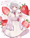  1girl blush chiemo_(xcem) commission dress food fruit grey_hair holding_ice_cream ice_cream looking_at_viewer nail_polish open_mouth original pink_eyes short_hair skeb_commission solo strawberry vrchat white_background 