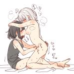  2girls absurdres aoba_moca bang_dream! black_hair blush breast_sucking closed_eyes completely_nude fingering from_side grey_hair hands_on_another&#039;s_head highres kneeling mitake_ran multicolored_hair multiple_girls nude profile pussy_juice red_hair short_hair sketch streaked_hair sweat yuri zawameki 