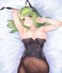  1girl animal_ears arm_behind_head armpits bandaid bandaids_on_nipples black_legwear blush breasts cleavage collarbone commission festa11307070 green_eyes green_hair hairband highres jewelry large_breasts looking_at_viewer lying morinaka_kazaki necklace nijisanji on_back on_bed open_mouth pantyhose pasties playboy_bunny rabbit_ears simple_background skeb_commission solo tears tongue tongue_out 
