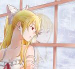  1girl against_window bangs blonde_hair bow breasts cleavage closed_mouth cloud cloudy_sky collarbone granblue_fantasy hair_between_eyes hair_bow long_hair medium_breasts miso-ha_(ukyuu) parted_lips ponytail rain red_eyes red_ribbon ribbon shirt sidelocks sky sleeveless sleeveless_shirt solo strap_slip upper_body vira_(granblue_fantasy) white_bow white_shirt 