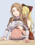  2girls black_bow black_choker blonde_hair blush bow breast_grab brown_hair choker clothes_lift dress earrings gem grabbing grabbing_from_behind granblue_fantasy grey_background grey_shirt groin hair_bow jewelry katalina_(granblue_fantasy) lifted_by_another long_hair midriff miso-ha_(ukyuu) multiple_girls navel parted_lips red_bow red_dress red_eyes red_gemstone shirt shirt_lift simple_background sketch sleeveless sleeveless_dress stomach straight_hair sweatdrop two-tone_bow undressing_another very_long_hair vira_(granblue_fantasy) yuri 