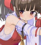  1girl arm_belt armpit_peek ascot bangs bare_shoulders blunt_bangs blush brown_eyes brown_hair close-up commentary_request detached_sleeves frilled_hair_tubes frills hair_tubes hakurei_reimu looking_at_viewer parted_lips puuakachan simple_background solo touhou upper_body wet wet_clothes white_background yellow_ascot 