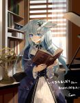 1girl animal_ears blue_eyes blue_hair book chiemo_(xcem) commission dress flower glasses hair_flower hair_ornament instrument long_hair long_sleeves open_mouth orb original piano skeb_commission solo very_long_hair vrchat window 
