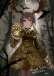  1girl antlers black_hair chiemo_(xcem) commission dress forest gloves long_hair looking_at_viewer nature original pravoslav red_eyes skeb_commission solo tree very_long_hair vrchat 